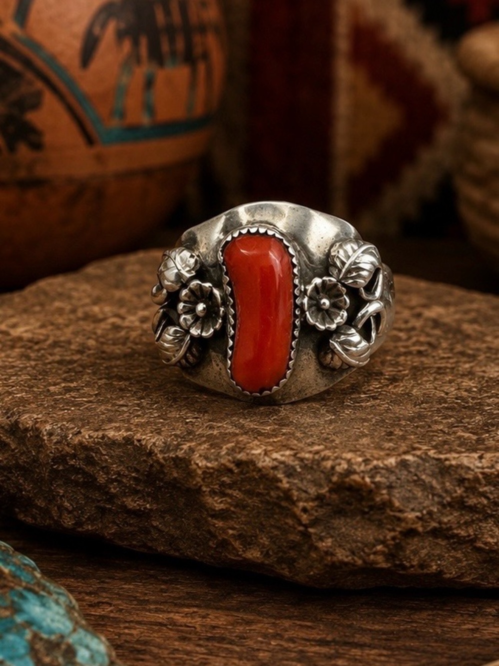 Vintage Navajo Native American Sterling Silver Mediterranean Coral Mens Ring 10